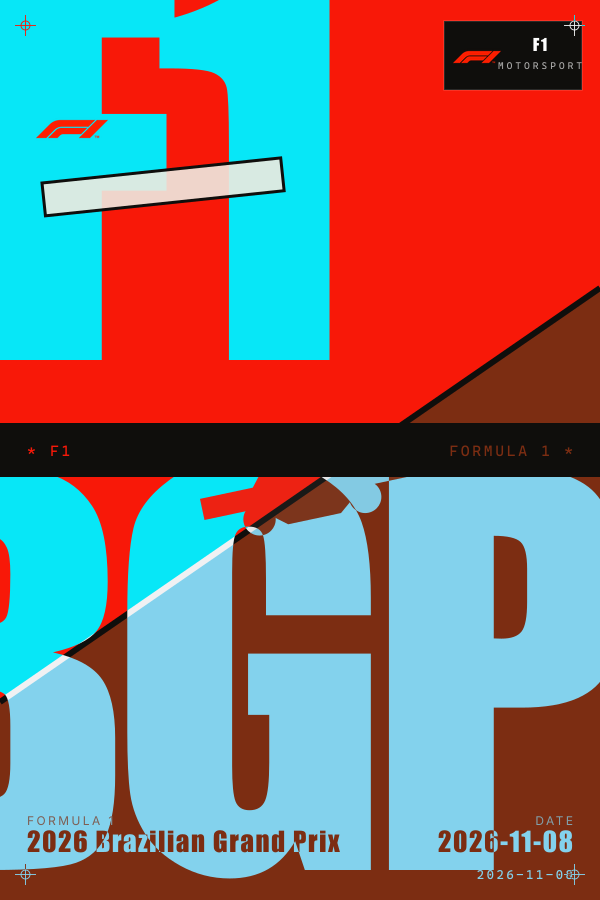 SportsMeta member Brutalist poster sample showing stripped-back type-led layout for a Formula 1 Brazilian Grand Prix weekend with real F1 mark